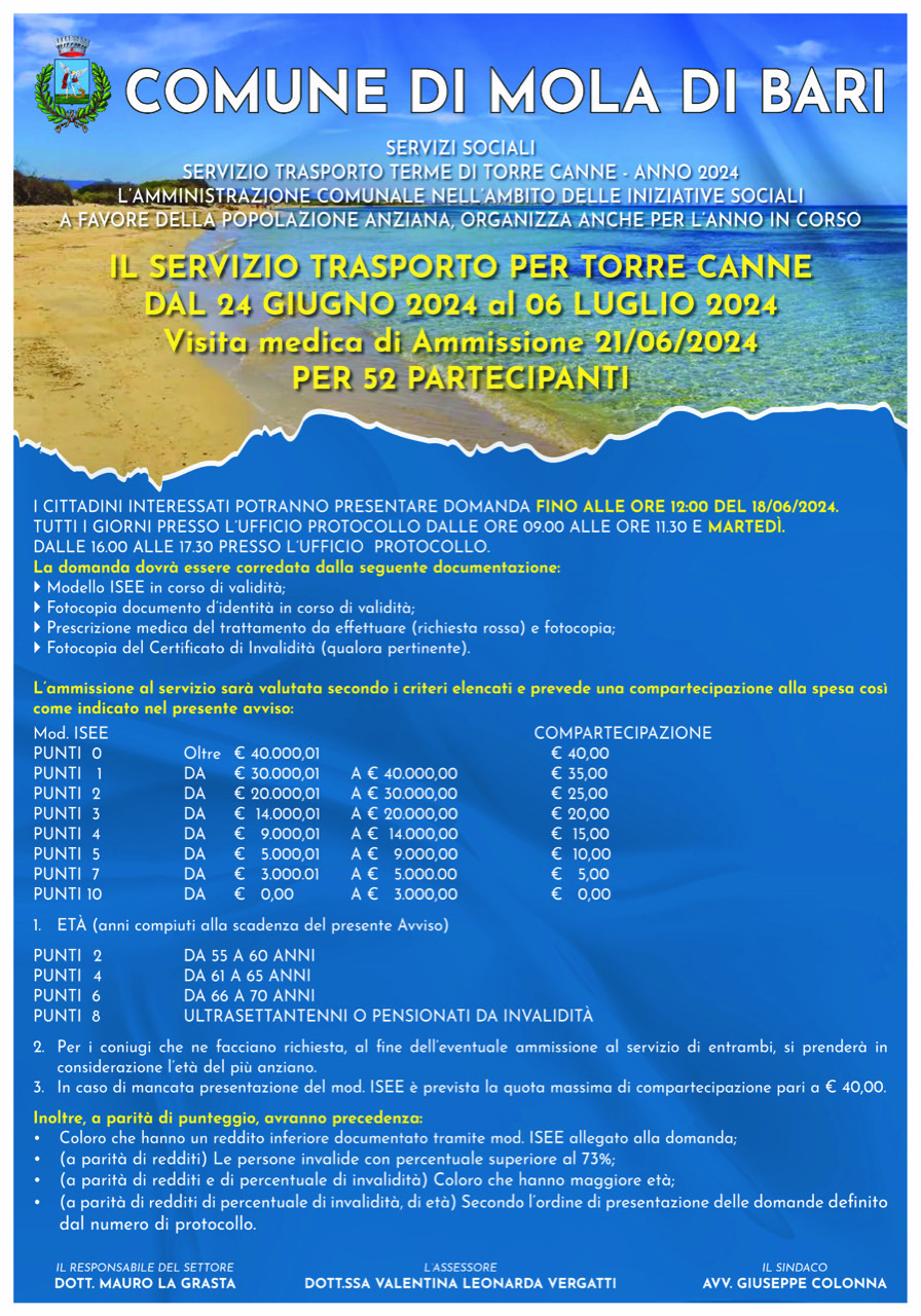 SERVIZIO TRASPORTO TERME DI TORRE CANNE - 2024